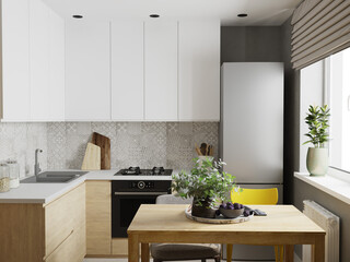 Loft-style design of small kitchen with grey walls and white cabinets 3d render