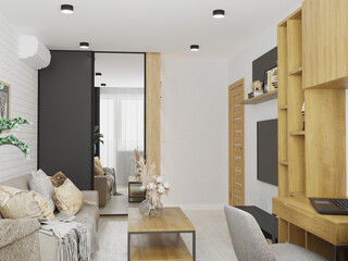 Loft style living room interior with sofa and mirrored wardrobe 3d render