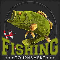 Fishing tournament poster with largemouth bass fish and fishing rod