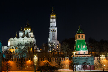 Night view of The Moscow Kremlin: wall, temple, bell tower. Winter.December