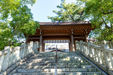 stone stair cases surrounded by pine trees towerd the gate of inage sengen shinto shrine