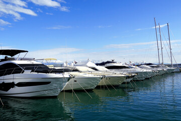 Luxury yachts anchored in the winter sea harbor