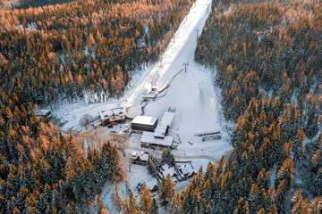 Aerial view of the ski resort in Karpacz, Poland. People skiing from the mountains, winter vacation