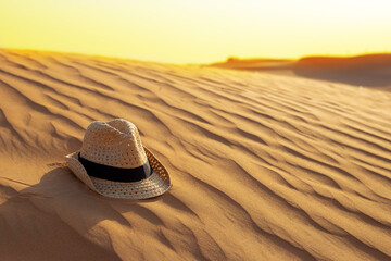 Straw hat lies on sand dunes on the sunset. Orange desert sand