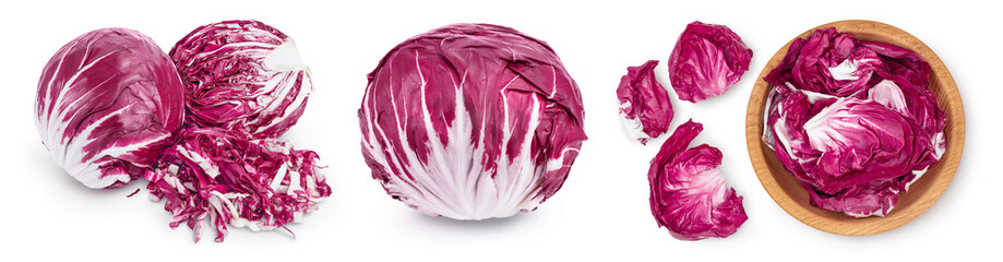 Obraz premium Fresh red radicchio salad chopped isolated on white background with full depth of field. Set or collection