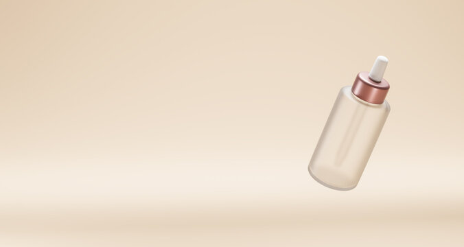 Glass serum or oil dropper bottle for beauty cosmetic products on a neutral beige background with empty copy space for brend or text. Minimalism Mockup, blank label. 3D render.