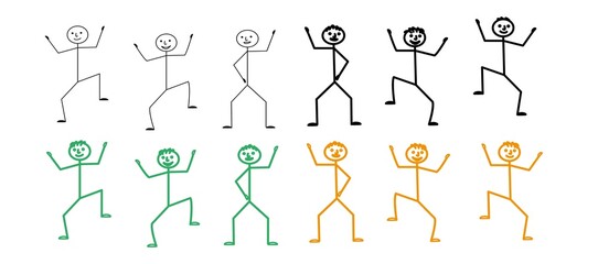 multicolored figures of people jumping, dancing, a pictogram of a happy person in different poses isolated on a white background