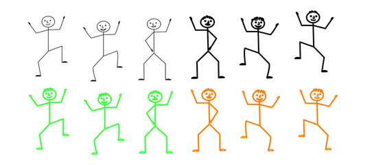 multicolored figures of people jumping, dancing, a pictogram of a happy person in different poses isolated on a white background