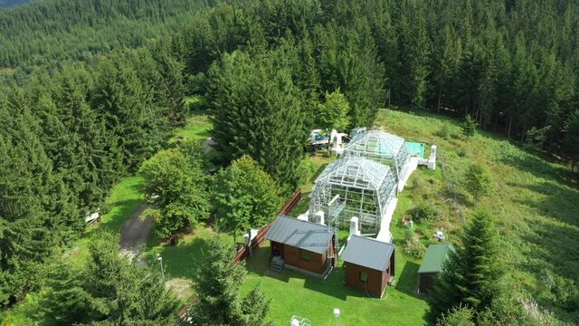 Greenhouse science drone aerial open top chambers climate change research, plant spruce Picea abies Norway European and mountain beech Fagus sylvatica common for scientific