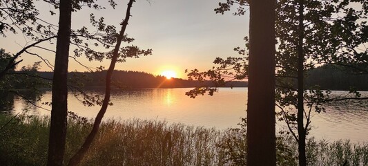 Sunset over the forest and lake. The sun is setting below the horizon. The surface of the lake is flat with almost no waves. The forest, sun and sky are reflected from water. Nearby trees and bushes.