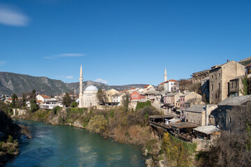 Obraz premium View of the city of Mostar with the river and mosque