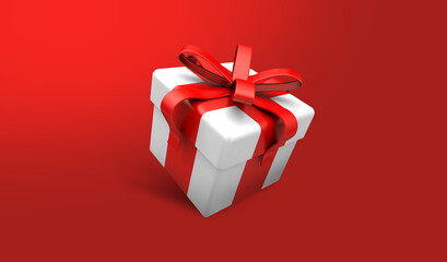 3d red gift box with a red ribbon in top isolated in a red background