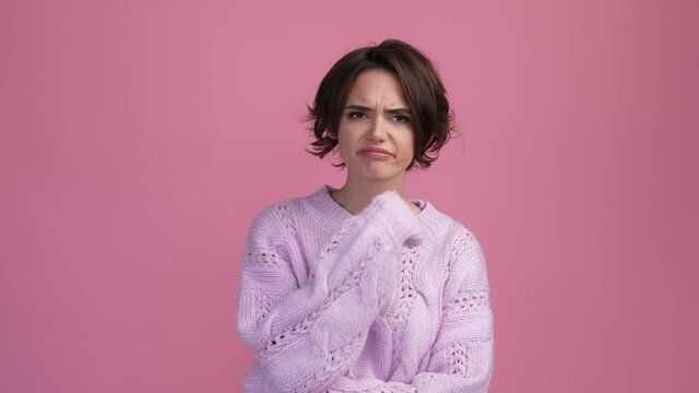 Displeased lady avoid tired conflict isolated pastel color background