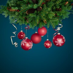 Fir branch with Christmas decoration on a painted background.