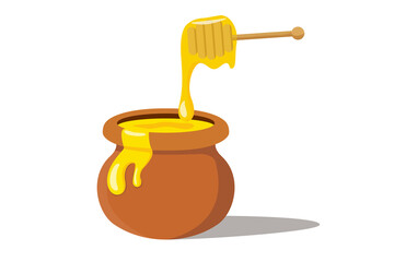 Pot of honey and stick in 3D style vector illustration for design and web isolated on white background. object for label and advertising, cartoon style, jar and dipper realistic