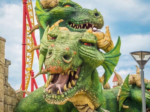 Russia Sochi 22.06.2019. Two handmade dragon heads amusement park Sochi
