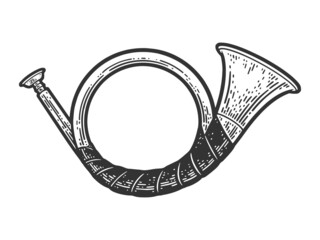 Blowing hunting horn sketch engraving vector illustration. T-shirt apparel print design. Scratch board imitation. Black and white hand drawn image. © Oleksandr Pokusai