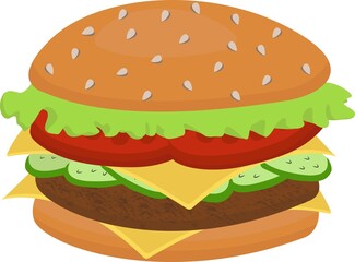 Illustration of a stylized hamburger or cheeseburger. Fast food food. Isolated on a white background.