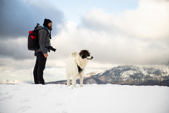 man and white dog trekking in winter mountains - Powered by Adobe