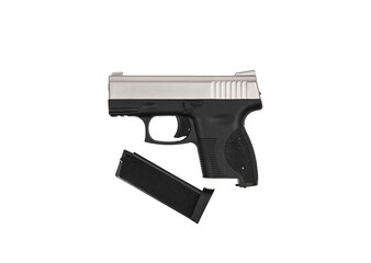 Modern semi-automatic pistol. A short-barreled weapon for self-defense. Arming the police, special units and the army. Isolate on a white back