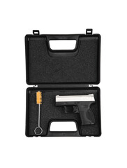 Modern semi-automatic pistol. A short-barreled weapon for self-defense. Arming the police, special units and the army. Isolate on a white back