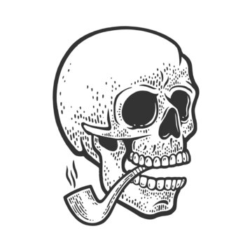 human skull with smoking pipe sketch engraving vector illustration. T-shirt apparel print design. Scratch board imitation. Black and white hand drawn image.