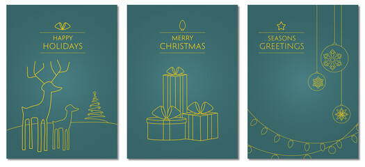 Christmas cards in line art and geometric style, A7 size for print. 3 messages of Happy Holidays, Merry Christmas, and Seasons Greetings.