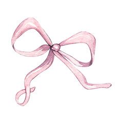 Watercolor Provence cute pink bow. Isolated on white background. Hand drawn illustration. For valentine or birthday cards, linen, textile, save the date, greetings design, wedding design. Logo.