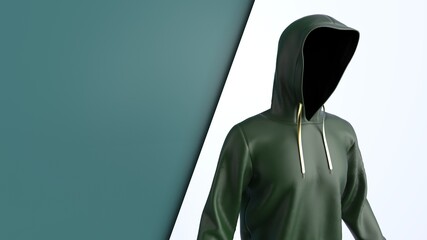 Anonymous hacker with dark green color hoodie in shadow under green-white background. Dangerous criminal concept image. 3D CG. 3D illustration. 3D high quality rendering.