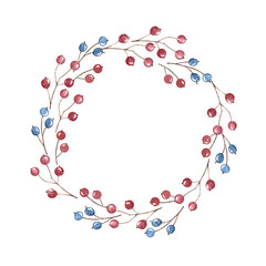 Watercolor christmas wreath with blue and red berries. New year illustration hand drawing isolated on white background. For holidays card, winter poster,banner,wallpaper, wrapping paper, design.