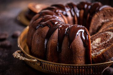 A piece of fresh baked delicious sponge-cake with chocolate sauce.