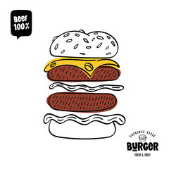 Burger hand drawn illustration. Doodle vector for Burger house.