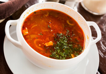 Russian cuisine - solyanka soup with various ingredients. High quality photo
