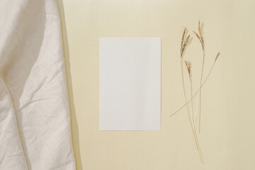 a white paper on the wall with straw. a layout composition for a copy space background with vintage decoration concept. minimalist wall art mockup.