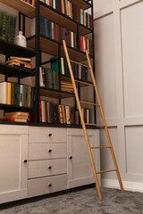 Home library interior with wooden ladder and collection of books on shelves