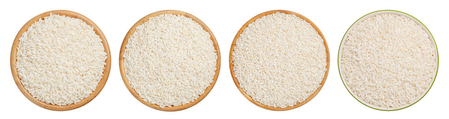 Assortment collection of raw rice in the bowls isolated on white background.