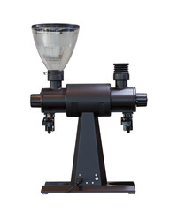 Coffee grinder machine grinding roasted coffee beans isolated on white background.