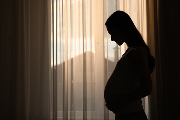 Silhouette of young pregnant woman near window at home. Space for text