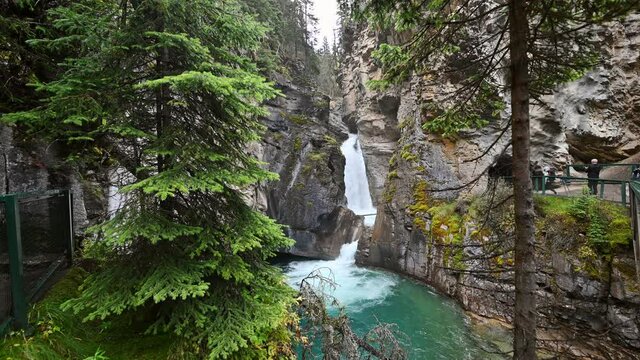 Johnston Canyon with cascade flowing in deep forest at Banff national park