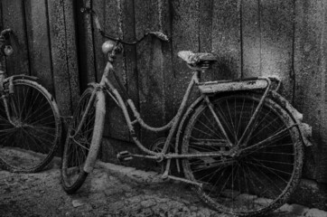 Grayscale shot of bicycles parked in front of a wooden fence