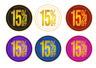 Set sale 15%off banners, discount tags, promotion stickers, vector illustration.