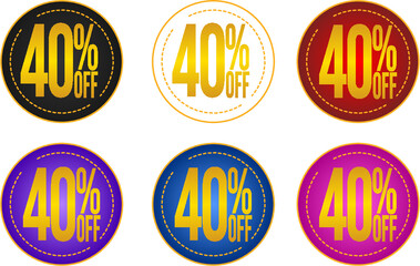 Set sale 40%off banners, discount tags, promotion stickers, vector illustration.