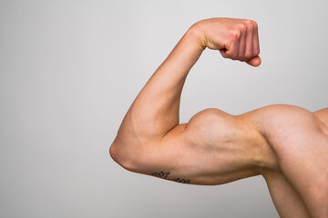 Muscular Bicep on grey background. Male flexing his arm. Bodybuilder flexing his biceps in studio...