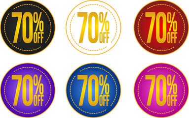 Set sale 70%off banners, discount tags, promotion stickers, vector illustration.