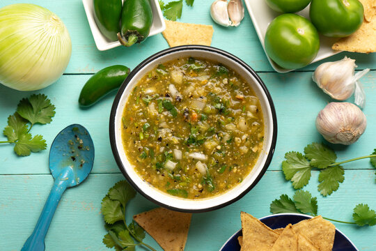 Green hot sauce with jalapeno pepper. Mexican food