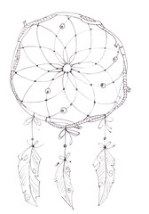Dreamcatcher, graphic black and white sketch on a white background