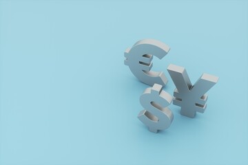 3D Rendering concept of money currencies. Symbols us dollar, euro, yuan.