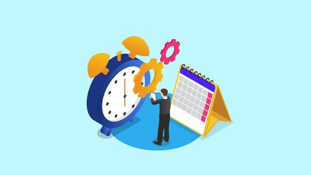 Young man stand with alarm clock and calendar