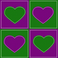 Vector illustration of a realistic knitted background with knit hearts in patchwork style.