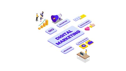 Business people working near digital marketing text